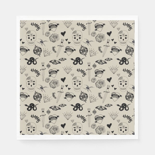 Guardanapo De Papel Padrão de Tatuagem Desenhada à Mão Preta e bege (Frente)