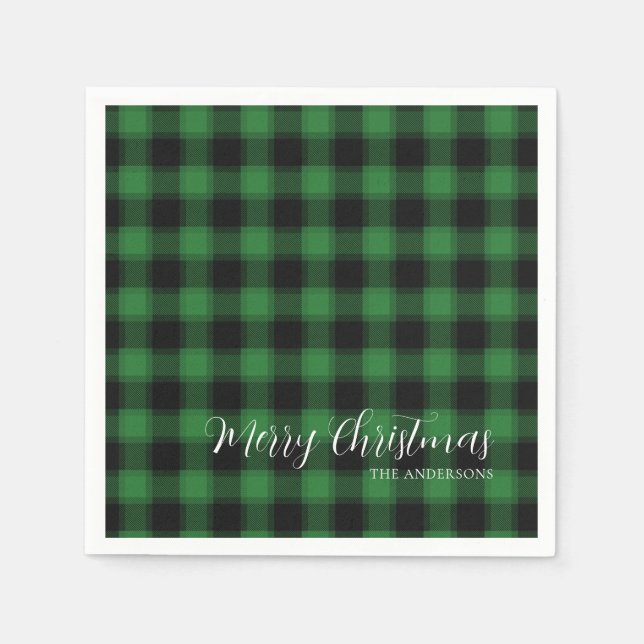 Guardanapo De Papel Padrão de Xadrez Verde de Feliz Natal (Frente)