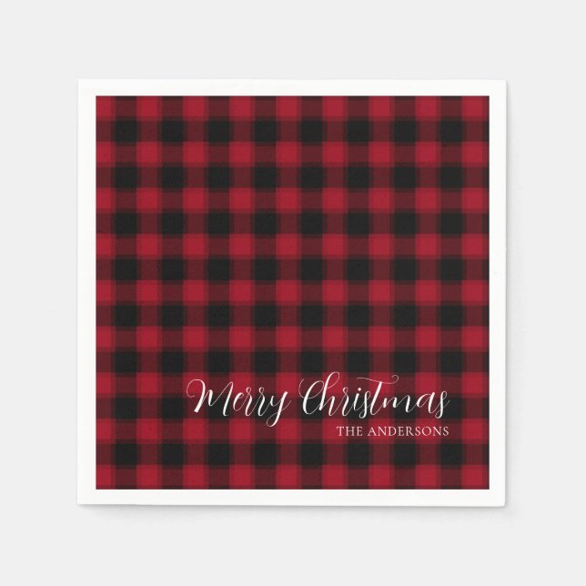 Guardanapo De Papel Padrão de Xadrez Vermelhos Feliz Natal (Frente)