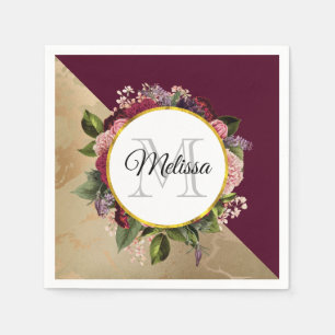 Guardanapo De Papel Padrão Dourado de mármore e monograma floral bor