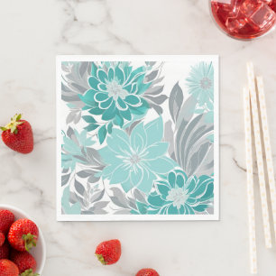 Guardanapo De Papel Padrão Floral, Aqua, Teal, Turquesa e Cinzas