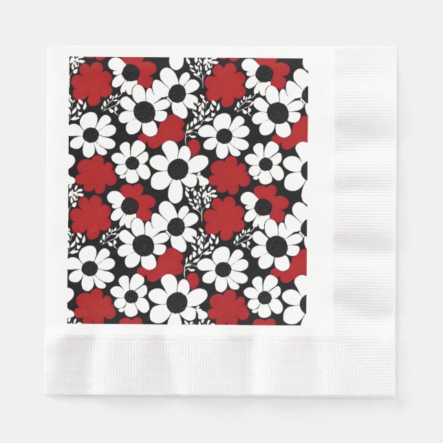 Guardanapo De Papel Padrão Floral bonito em Vermelho, Preto e Branco (Frente)