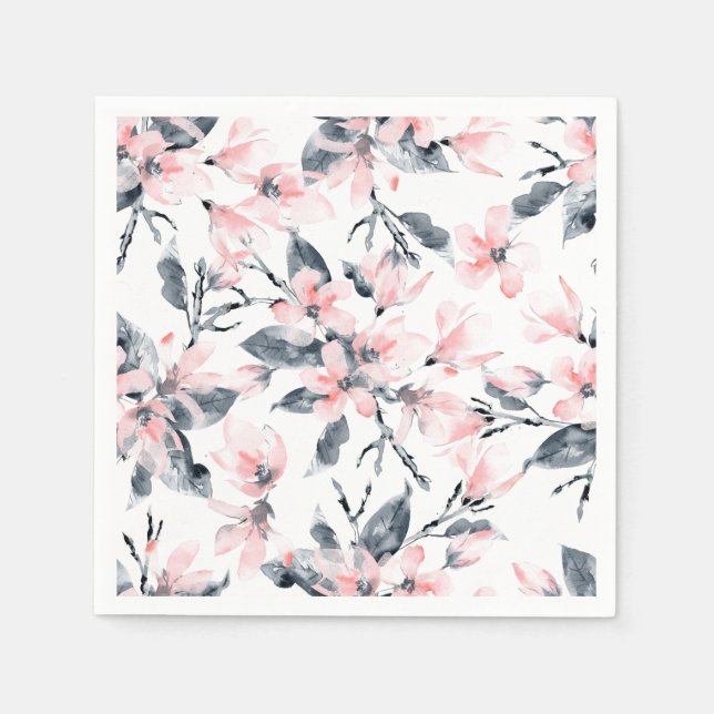 Guardanapo De Papel Padrão Floral de Aquarela Rosa e Cinza (Frente)