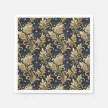 Padrão Floral de Damasco Luxuoso Dourado e Preto