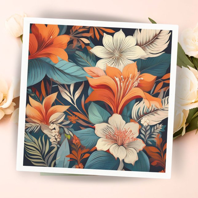 Guardanapo De Papel Padrão Floral do Flor Laranja Elegante Turquesa (Criador carregado)