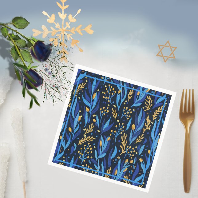 Guardanapo De Papel Padrão Floral marinho Azul Feliz Hanukkah (Navy Blue Floral Pattern Happy Hanukkah Napkins)