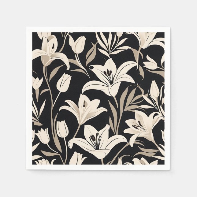 Guardanapo De Papel Padrão Floral Mínimo Preto e Branco (Frente)