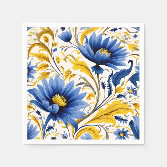 Guardanapo De Papel Padrão Floral Moderno com Azul Fluxo e Amarelo (Frente)