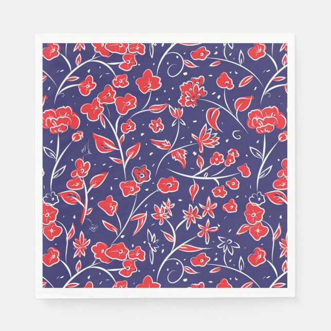 Guardanapo De Papel Padrão Floral Vermelho e Azul (Frente)