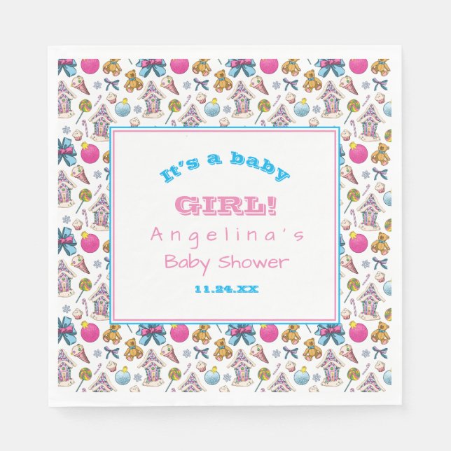 Guardanapo De Papel Padrão Personalizado De Natal Rosa E Azul (Frente)