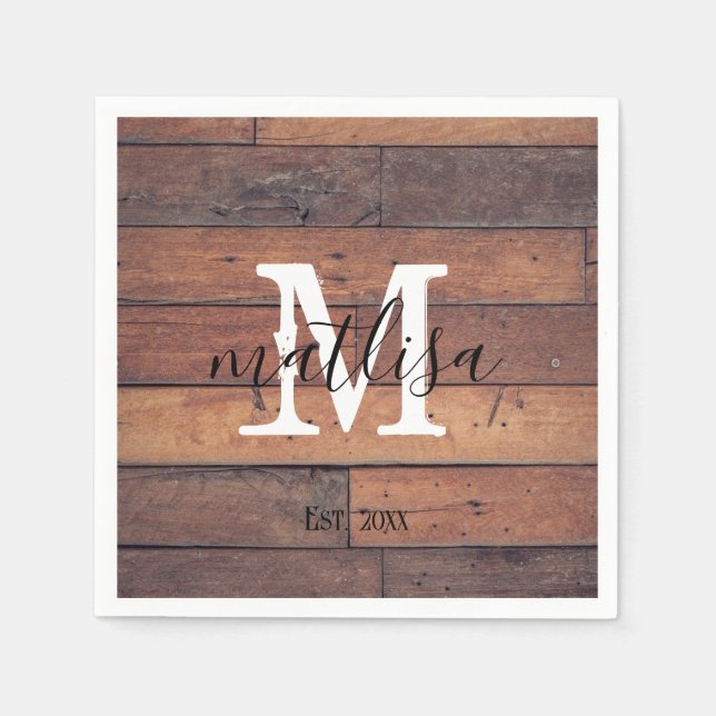 Guardanapo De Papel Padrão Rústico Monograma em Script Marrom Estabele (Frente)