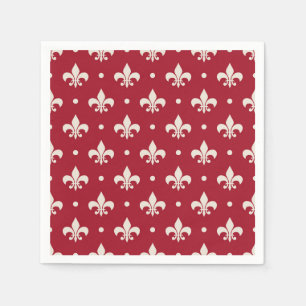 Guardanapo De Papel Padrão Silver Fleur De Lis em fundo vermelho