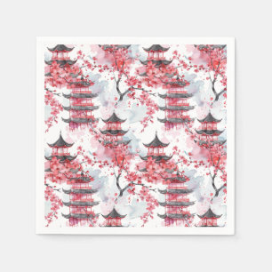 Guardanapo De Papel Pagoda Chinesa Aquarela com Blossomas de Cereja (2
