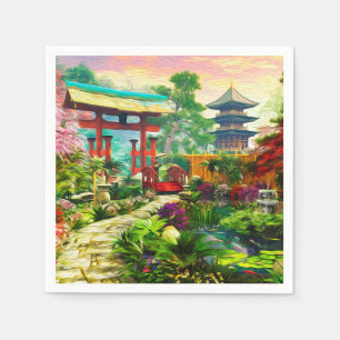 Guardanapo De Papel Pagode japonês Sakura do jardim e cachoeira