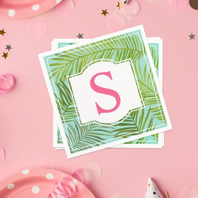 Guardanapo De Papel Palma Verde Rosa Tropical Aqua Verde Deixa Monogra (Criador carregado)
