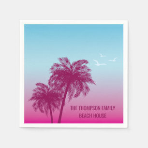 Guardanapo De Papel Palmeiras Silhuetas Rosa No Azul Tropical Verão