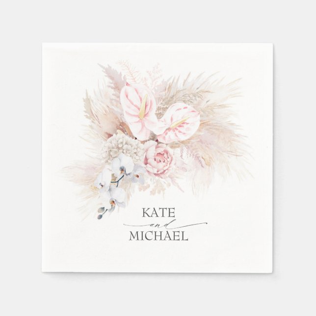 Guardanapo De Papel Pampas Grass Pink Anthuriums Elegante Tropical (Frente)