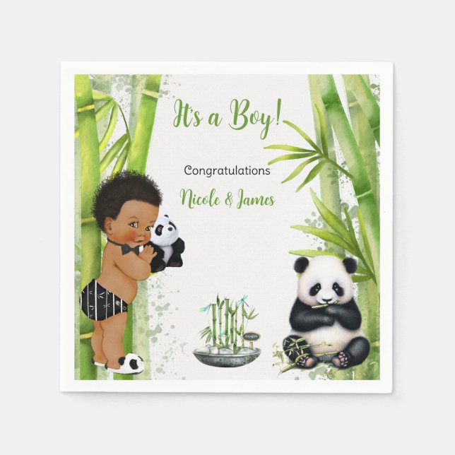 Guardanapo De Papel Panda Bamboo Tema Bebê Menino Negro Branco Verde (Frente)