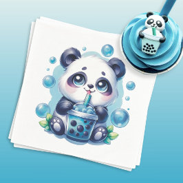 Guardanapo De Papel Panda Bebendo Blue Boba Bubble Tea