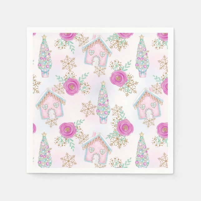 Guardanapo De Papel Pão de Gengibre Rosa Natal (Frente)