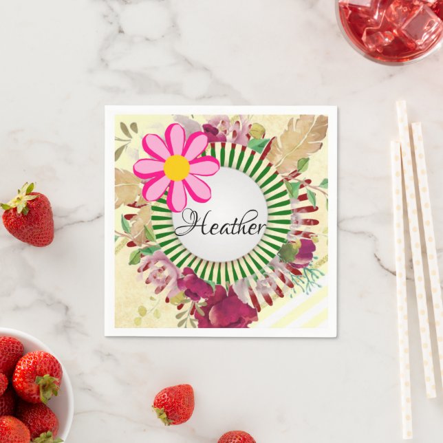 Guardanapo De Papel Papagaios, Flores Douradas de Stripe Beige (Insitu)