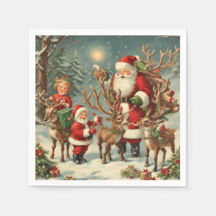 Guardanapo De Papel Papai Noel Antigo com Crianças, Rena e Presentes