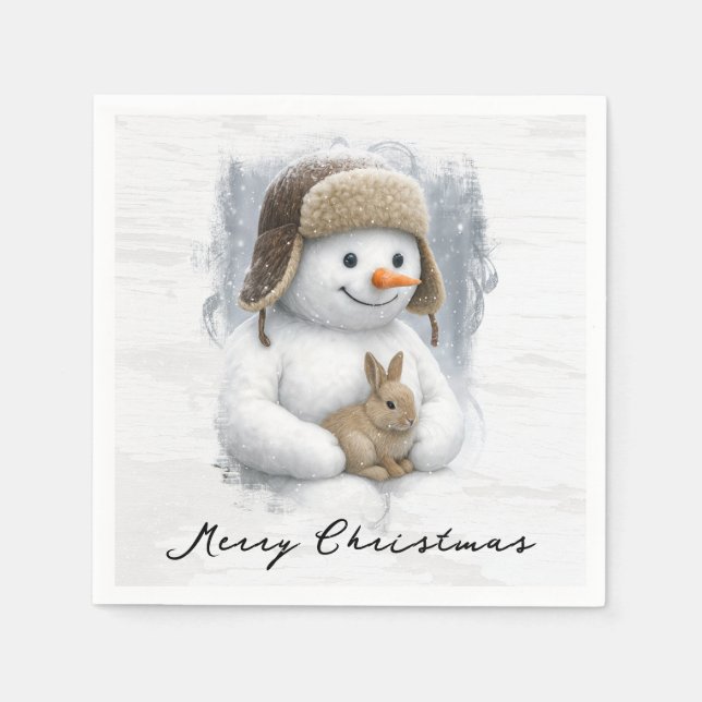 Guardanapo De Papel Papai Noel Boneco de Neve Com Coelho (Frente)