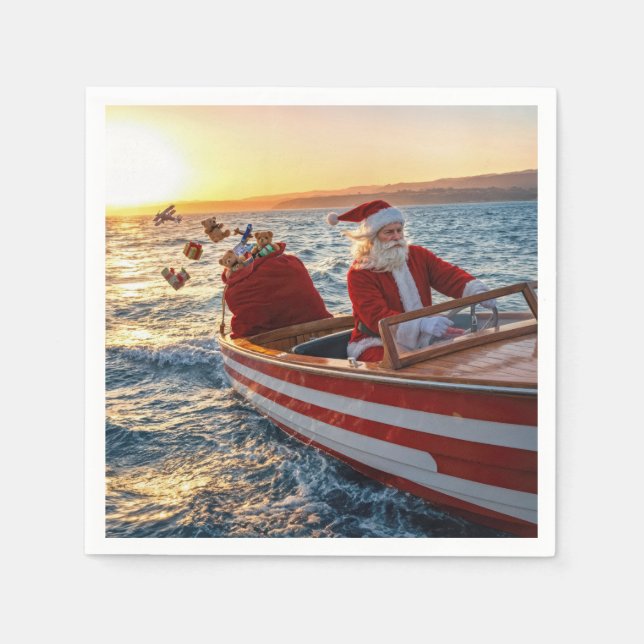 Guardanapo De Papel Papai Noel dirigindo um barco de corrida (Frente)