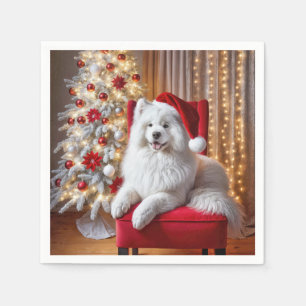 Guardanapo De Papel Papais noeis Samoyed Dog em Cadeira Vermelha