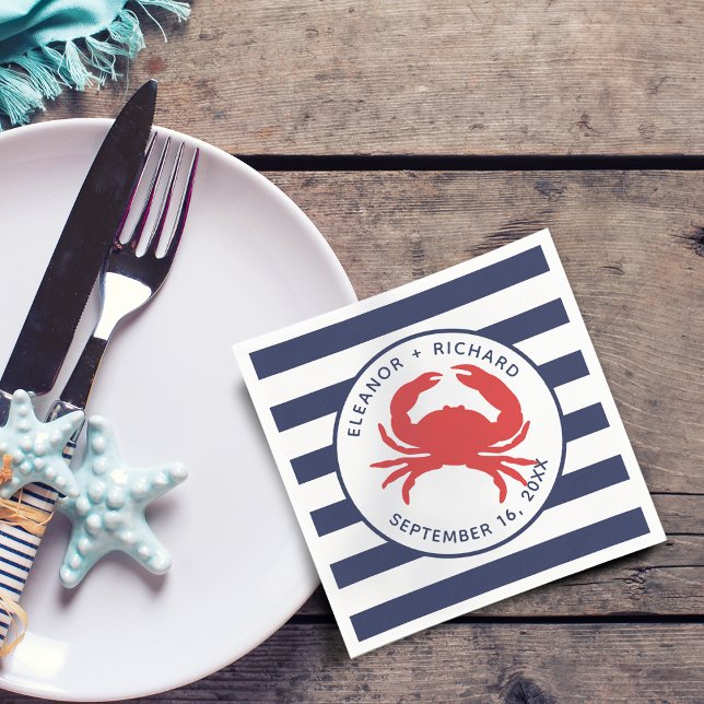 Guardanapo De Papel Papel de caranguejo vermelho - Marinho azul náutic (Nautical Navy Blue Stripes Red Crab Paper Napkins)