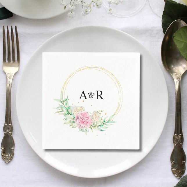 Guardanapo De Papel Papel de Casamento Círculo de Folhagens Florais Pe (Personalized floral greenery circle wedding paper napkins add fresh elegance to wedding receptions.)