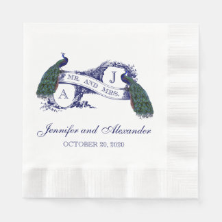 Guardanapo De Papel Papel de Casamento Pavão Monograma Azul Nápoles