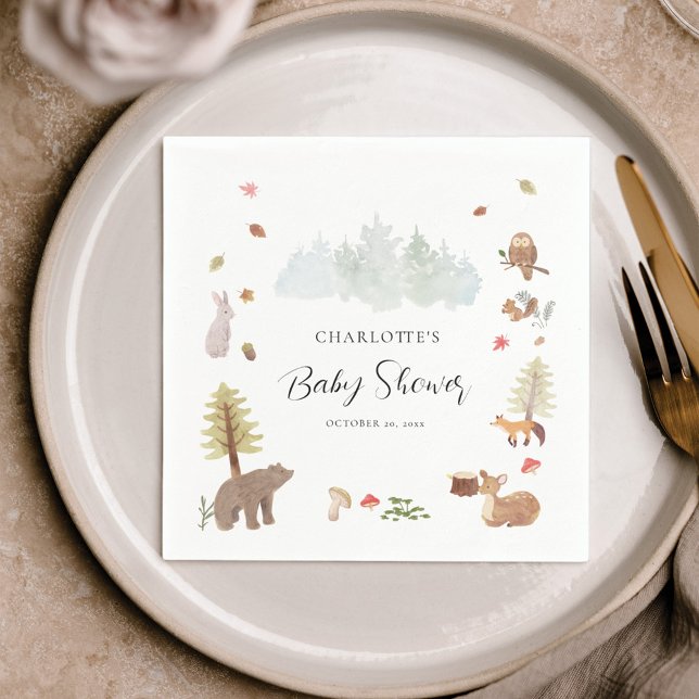 Guardanapo De Papel Papel de Chá de fraldas de outono dos animais de m (Rustic Forest Animals Watercolor Baby Shower Paper Napkin)