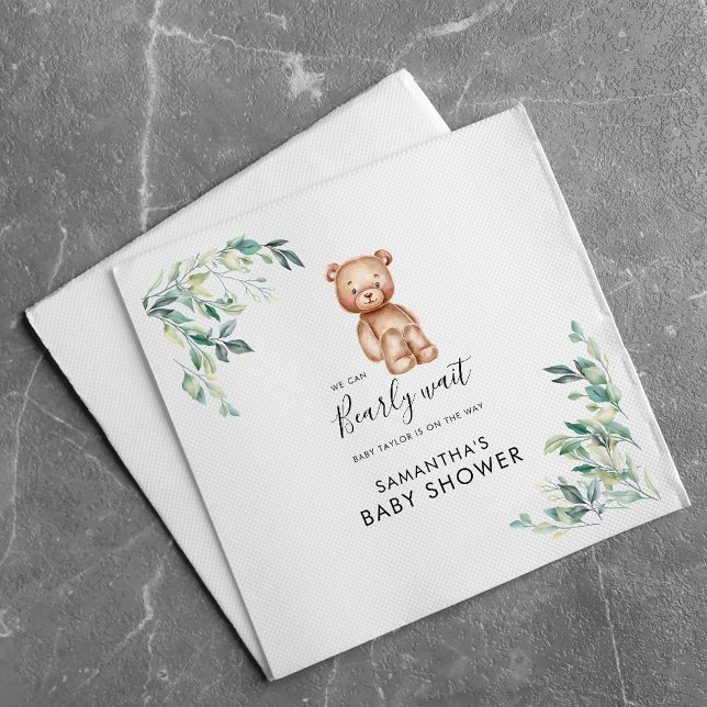Guardanapo De Papel Papel de Chá de fraldas de Script Eucalyptus de Es (We Can Bearly Wait Woodland Animals Bear Baby Shower Paper Napkins)