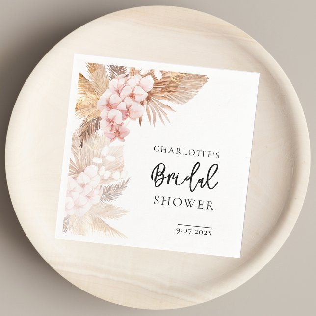 Guardanapo De Papel Papel de Chá de panela de Grama Pampas Floral Rosa (Pink Floral Pampas Grass Bridal Shower Paper Napkins)