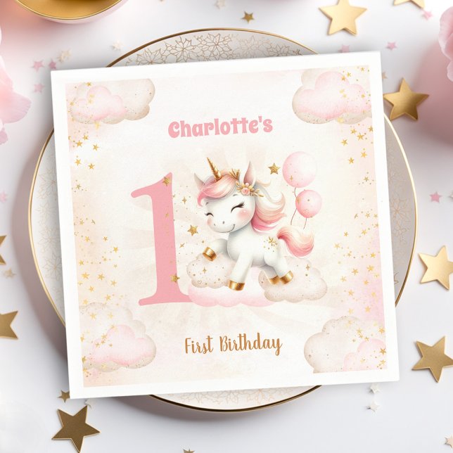 Guardanapo De Papel Papel de primeiro aniversario de Garota Pinta do U (Pink Cute Unicorn Girl 1st Birthday Paper Napkins)