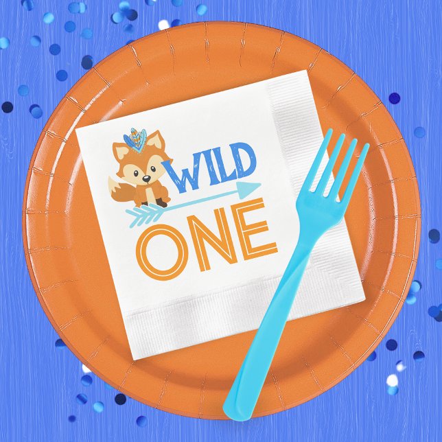 Guardanapo De Papel Papel de primeiro aniversario em Floresta de Fox S (Forest Fox Wild One 1st Birthday Party Napkins in Royal Blue, Baby Blue and Orange)