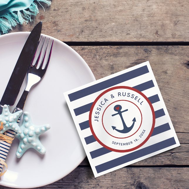 Guardanapo De Papel Papel de Tiras Azuis Marinha Náuticas Âncora (Nautical Navy Blue Stripes Anchor Paper Napkins)