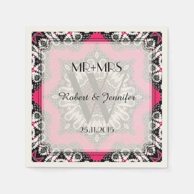 Guardanapo De Papel Papel Deco Rosa Quente e Preto Tribal (Frente)