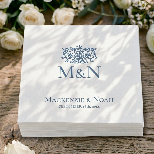 Guardanapo De Papel Papel Floral Ornate Casamento Monograma Azul (Criador carregado)