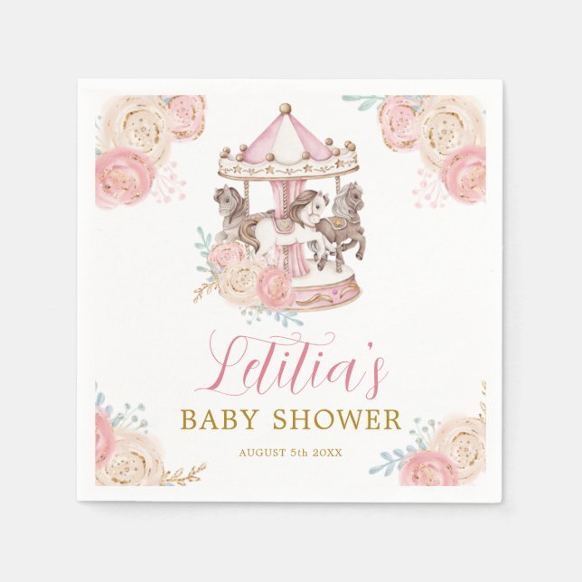 Guardanapo De Papel Papel Mágico rosa e Dourado Carrossel (Frente)