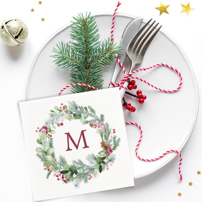 Guardanapo De Papel Papel Monograma de Wreath Vermonical de inverno (Winter Greenery Wreath Monogram Paper Napkins)