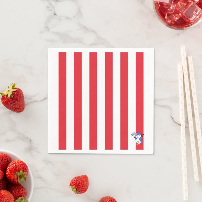 Guardanapo De Papel Papel Napkins, Red & White Stripe Penguin (Insitu)