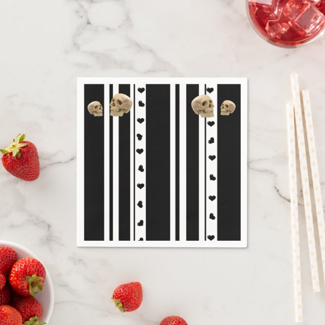 Guardanapo De Papel Papel Napkins, Skulls Black White Stripe Hearts (Insitu)