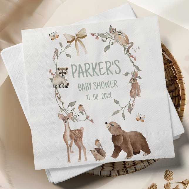 Guardanapo De Papel Papel para Chá de Bebê Floresta em Marrom Rústico (Woodland Baby Shower Napkin, Rustic Woodland Animals Baby Shower Napkin, Personalized, Decor)