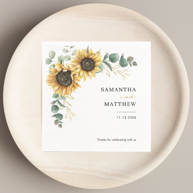 Guardanapo De Papel Papel Personalizado De Casamento De Ucalyptus De G (Floral Sunflower Eucalyptus Wedding Custom Paper Napkins)