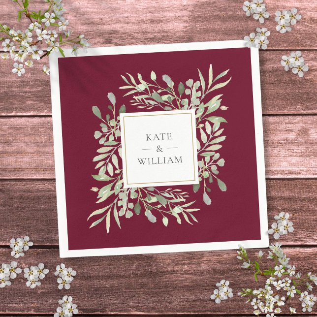 Guardanapo De Papel Papelaria de Água-Furtada Personalizada com Folhag (Personalized Burgundy Greenery Watercolor Foliage Napkins)