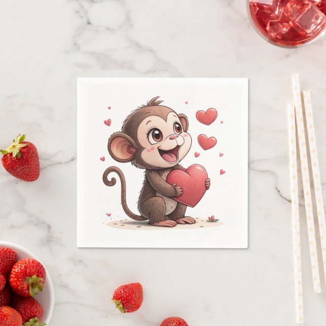 Guardanapo De Papel Paper Napkins Valentine's Day Monkey Red Hearts (Insitu)