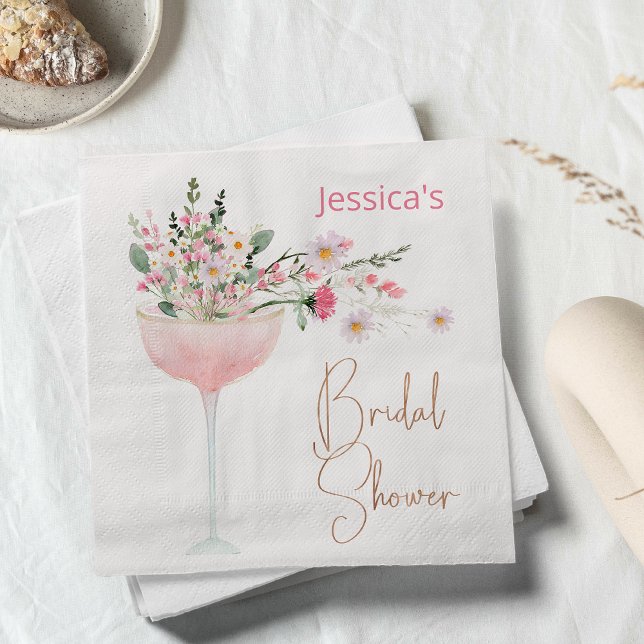 Guardanapo de papel para chá de noiva de flores si (Modern Watercolor Champagne Glass Wildflowers Bridal Shower Paper Napkin, Bridal Shower Napkin)