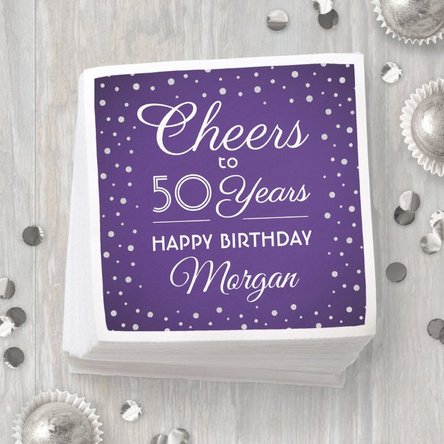 Guardanapo De Papel Parabéns Aniversário Brilho Prata Roxo & Branco (Criador carregado)